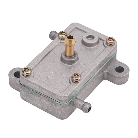AHL fuel pump, silver metal housing with brass nozzle, mounting screws, for ATVs, snowmobiles, and go-karts