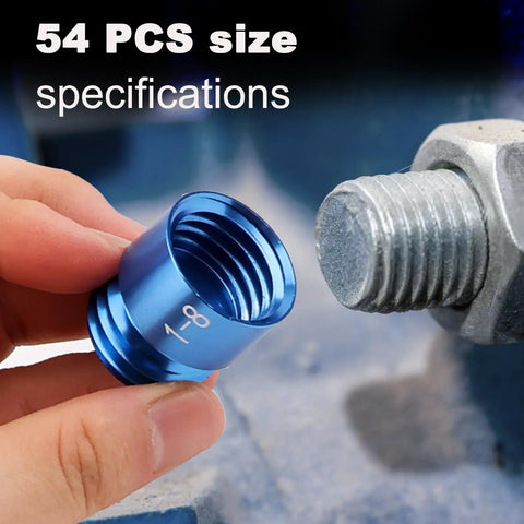 Close-up of a blue nut from the 54-Piece Nut And Bolt Thread Checker Kit For Tight Spaces with specifications visible.