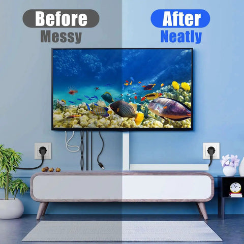 Before and after using Under Desk Cable Management Kit With One Piece Raceway Channel White 123 Inch Total Length 8 Piece Cord Track Desk Wire Channel To Hide Computer Cables And TV Wires Keeps Home Office Neat And Safe under TV setup