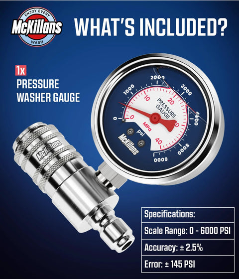 McKillans pressure washer gauge with 3/8 in stainless push-to-connect fitting; measures PSI/MPa up to 6000.