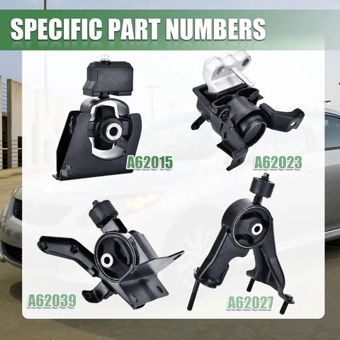 Beefed-Up Engine Mount Kit For Toyota Corolla Matrix And Pontiac Vibe 1.8L 2009-2013 And 2009-2010 Direct OE Replacement A62027 A62039 A62015 A62023 Heavy-Duty Iron Construction For Durability Quiet Ride Reduced Vibration with part numbers displayed