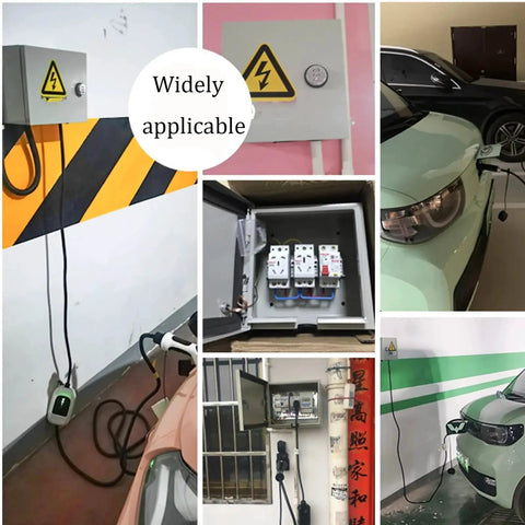 Collage of Sturdy Beefy Stainless Steel Electrical Enclosure Box installations with cars and cable connections in various settings.