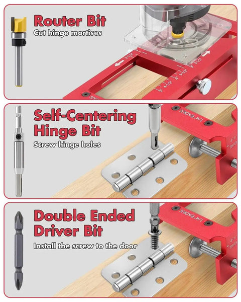 Router bit and hinge bits with Door Hinge Jig And Door Lock Installation Kit Pro Combo Aluminum Router Template For Hinge Mortising.