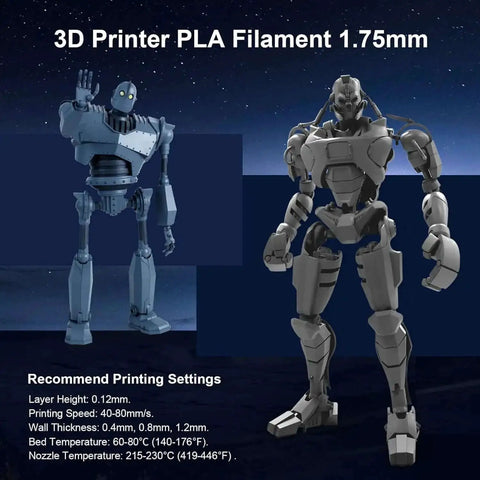 Two robotic models 3D printed using 8 Color PLA Filament Bundle 1.75Mm 250G Spools, displayed on a dark background with settings guide.