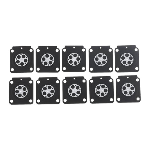 10-pack metering diaphragms; black square plates with silver circular centers for Zama A015053 small engine carburetors
