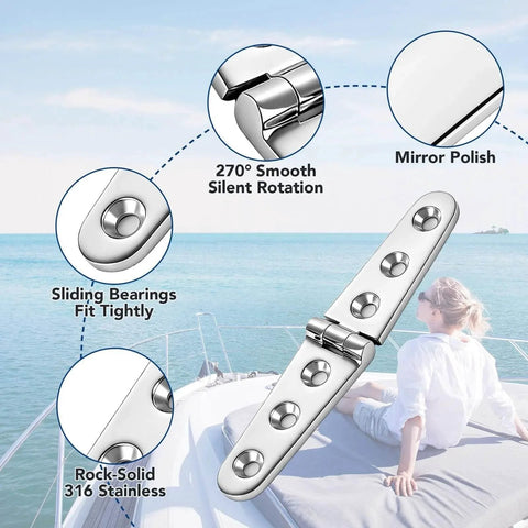 Heavy Duty Flat And Strap Hinge, Symmetrical Marine Grade 316 Stainless Steel For Boat Hatches, 270° rotation, corrosion resistant.