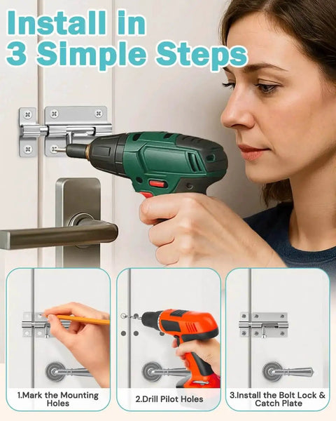Person installing Heavy Duty Door Slide Latch Lock 3 Inch Barrel Bolt Built From Solid Steel For Maximum Privacy And Security, Brushed Nickel