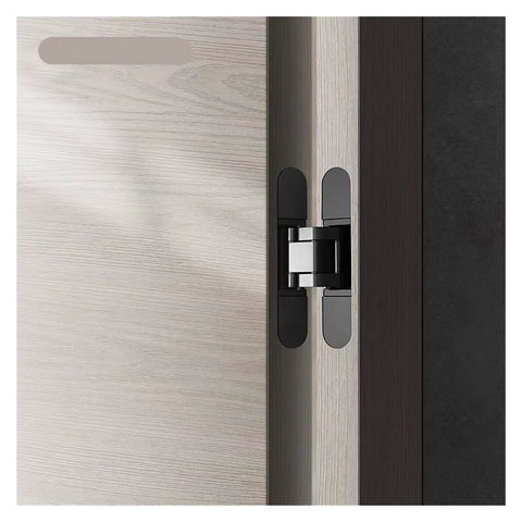 Three Dimensional Adjustable Invisible Hinge For Hidden Folding Doors Concealed Inner Opening Door Hinge For Wood 180 Degree Opening Matt Black Finish Durable Concealed Folding Hinge For Tight Install installed on wooden door