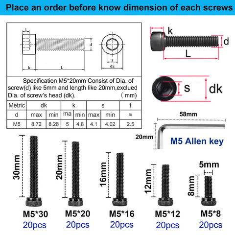 Diagram and sizes of 100 Pieces M5 Hex Socket Head Cap Screws Bolts Set, Black Oxide Finish, Grade 12.9 Alloy Steel, Fully Threaded, 0.8mm Pitch, Includes Allen Key, Sizes 8, 12, 16, 20, 30mm, Heavy Duty Industrial Fasteners