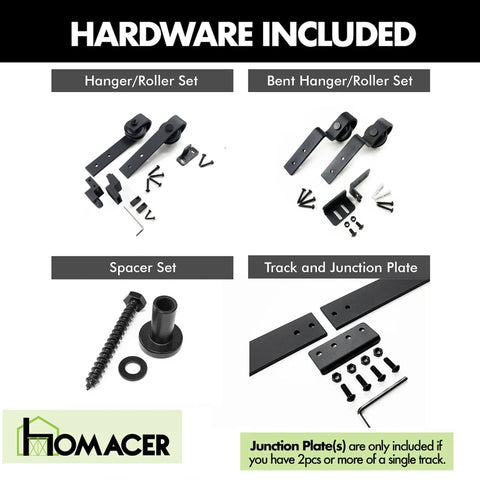 Mini Black Rustic Bypass Sliding Barn Door Hardware Kit For Two Doors, 36 Inch Flat Track Plus Bent Roller Pair components.