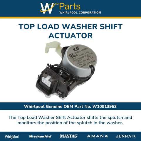 Whirlpool W10913953 Genuine OEM top-load washer shift actuator with small white plastic lever and electrical harness