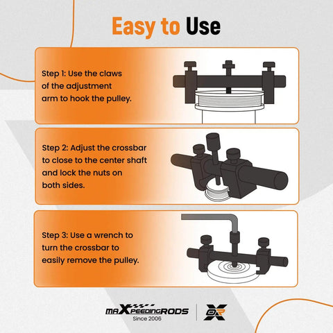 Illustration showing steps to use a Universal Crankshaft Pulley Removal Tool and Harmonic Balancer Puller Set for installation