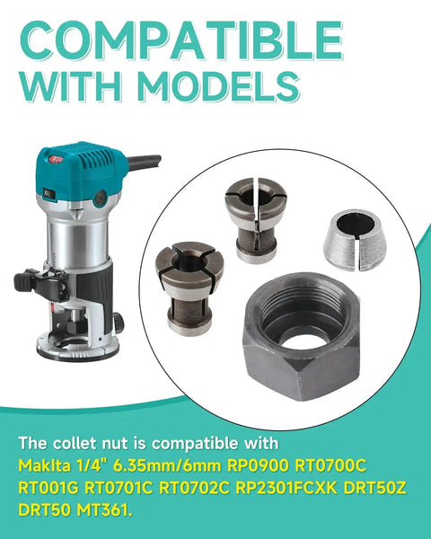 Collet Nut Kit Replacement For Makita Drills And Rotary Tools One Quarter Inch Six Point Three Five Millimeter Six Millimeter Compatible