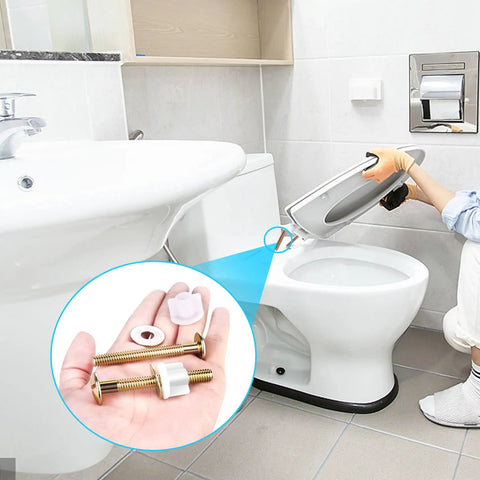 Universal Toilet Seat Screws Replacement Kit With Premium Steel Bolts, Metal Washers And Plastic Nuts shown with installation view