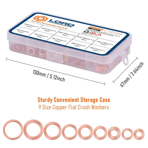 Copper Crush Washer Kit With 9 Sizes M5 M6 M8 M10 M12 M14 200 Pcs In A Sturdy Storage Case For DIY Projects Automotive And Machinery
