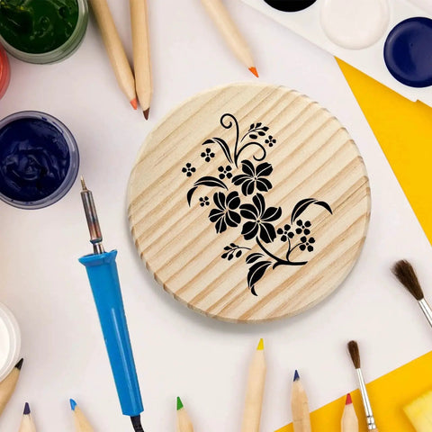 Unfinished Wood Coasters Set 24 Round 4 Inch Blank Drink Coasters With 96 Non Slip Foam Knots For DIY Mosaic Laser Engraving Pyrography Painting And Craft Projects on a table with art supplies