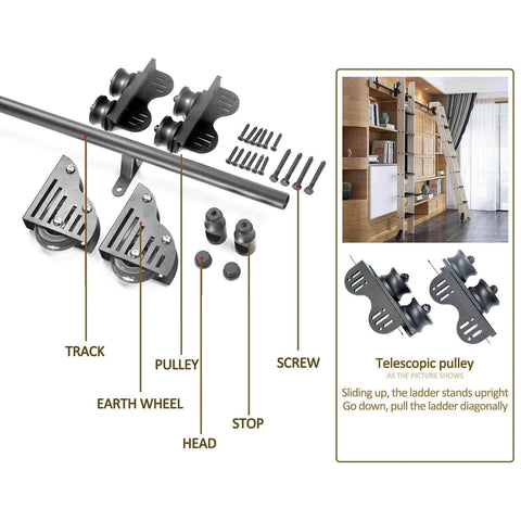 Components of Super Sturdy Retractable Sliding Ladder Track Hardware Kit For Heavy Duty Steel Floor Roller Mobile Ladder System