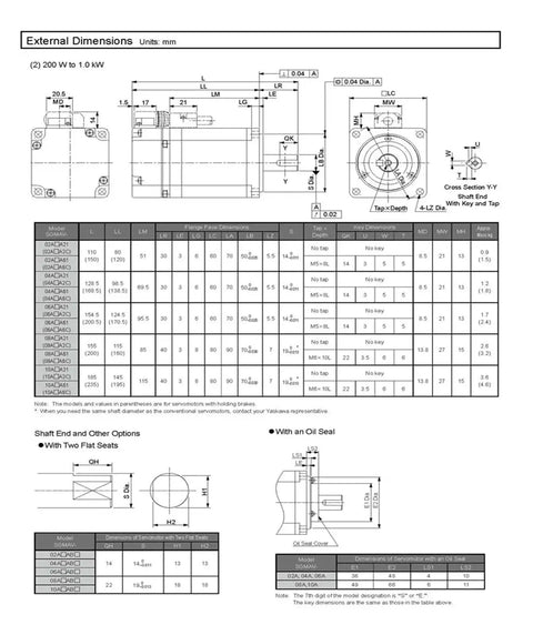 CHUNYE SGMAV servo motor SGMAV-10ADA61, 1 kW, dimensional drawing with mounting flange and shaft