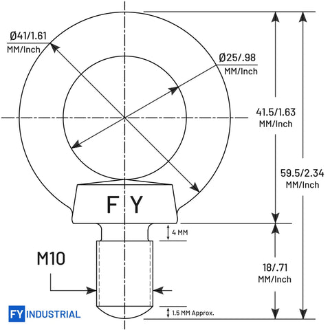 Technical drawing of Beefed Up Industrial Grade Stainless Steel Lifting Eye Bolts M10 Set Of 5 Forged For Heavy Lifting, High Tensile Strength, JIS B1168 Certified, Proof Load Verified, Durable Eyebolts For Hoisting, Rigging And Machinery Use with measurements
