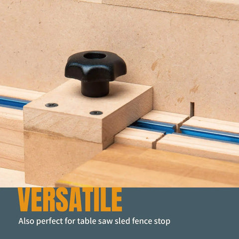 Seven Star Pro Grade T Track Knob Kit With 5/16-18 Bolts And Washers installed on table saw sled for versatile use in woodworking