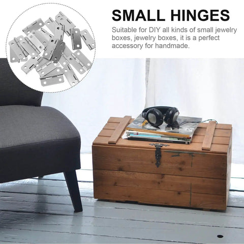 20 Piece Mini Hinge Set For DIY Projects And Handmade Crafts displayed next to a wooden chest and chair