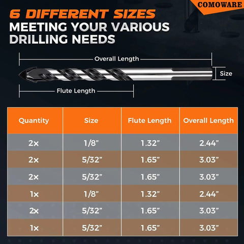 Diagram of Professional Masonry Drill Bit Set For Concrete And Masonry, 10 Piece Carbide Bits, showing sizes and dimensions.