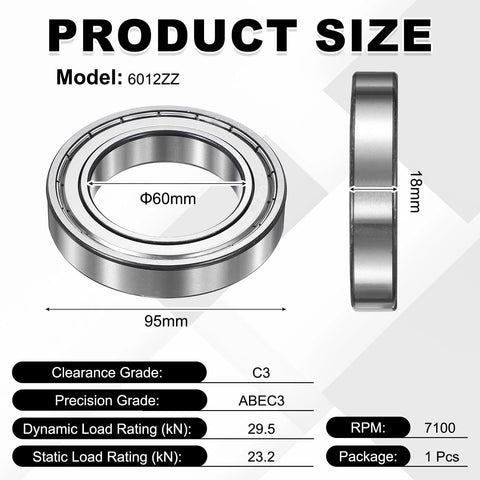 uxcell 6012ZZ deep groove ball bearing, 60x95x18 mm, double metal shield, pre-lubricated for industrial machinery