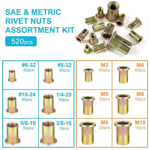 Rivet Nut Tool Kit With 520-Piece SAE And Metric Rivet Nuts Set, Galvanized Carbon Steel Flat Head Inserts, size label view
