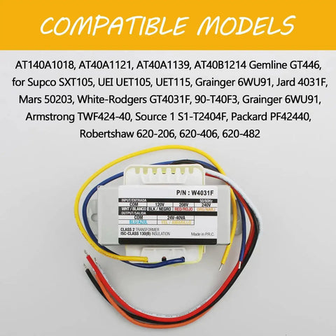 24V AC Transformer For HVAC Systems, Primary 120 208 240V To 24V Secondary, compatible models list on product label.