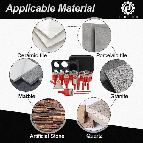 Diamond Core Drill Bit Set For Porcelain And Ceramic Tile, 13 Piece Kit With material examples, including marble and granite.