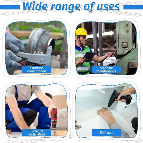 All In One Pop Rivets With Washers Kit used for construction, maintenance, furniture, and DIY projects, four illustrated use cases