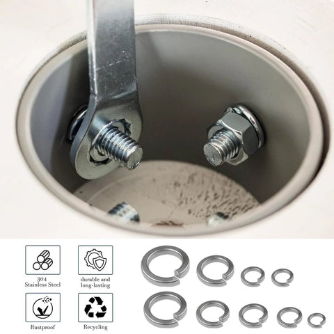 Spring lock washer assortment (split), 1100 pcs, metric M2–M12, 304 stainless steel for screws and bolts