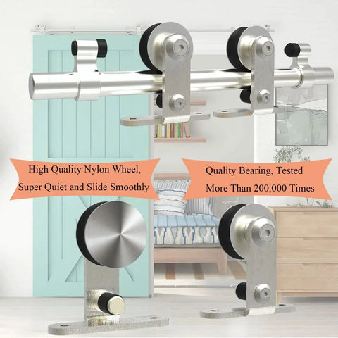 5.5 Foot Stainless Steel Sliding Barn Door Hardware Kit With Top Mount Heavy Duty Track System For Single Wood Door T Style Barn Door Hardware Set Corrosion Resistant Smooth Quiet Operation Durable Construction shown installed in living room