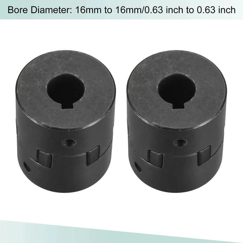 Pair of heavy duty flexible coupling shafts 16mm to 16mm bore, 51mm long, 44mm OD, 5mm slot, 45 steel motor coupler visible.