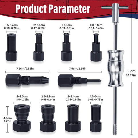 12pcs Blind Hole Collet Bearing Puller Set With Slide Hammer Built Tough Pro Grade Internal Bearing Extractor Kit 8 To 32mm Expandable Collets Insert Bearing Remover Red components and sizes displayed
