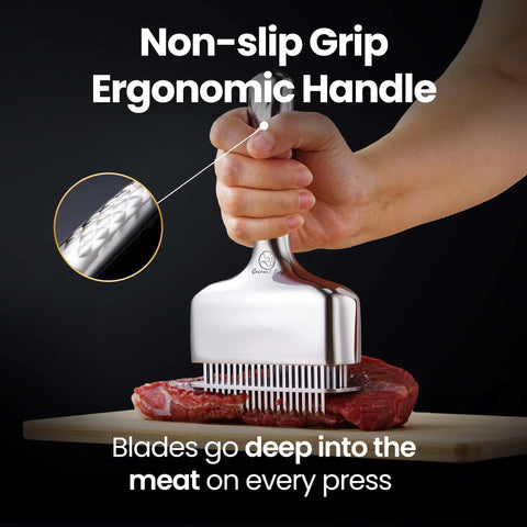 Heavy Duty One Piece Meat Tenderizer Tool With Extra Long Handle No Assembly Rustproof Stainless Steel Blades And Sharp Needle Punch Mallet Hammer For Juicy Steaks A No Fuss Kitchen Must Have being used on raw meat, showcasing ergonomic grip and sharp blades.