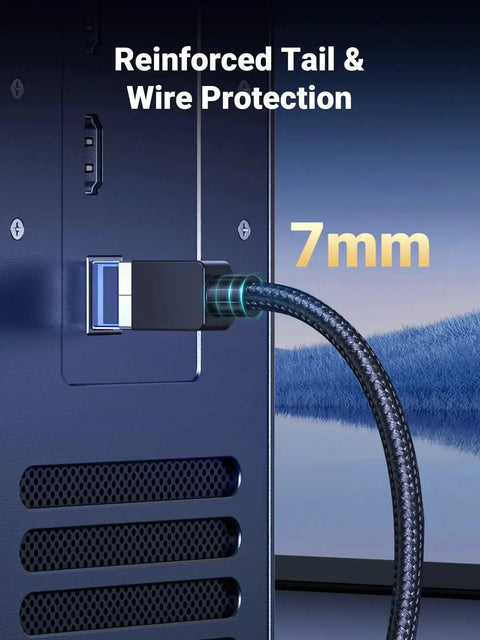 Close-up of Cat 8 Shielded Braided Ethernet Cable 6ft for Gaming PC PS5 Xbox Modem Router showing reinforced connector