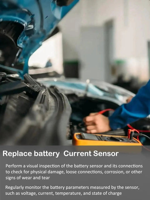 Mechanic checks battery current sensor compatibility with Dodge, Chrysler, Jeep, Ram vehicles with voltage and temperature monitoring.