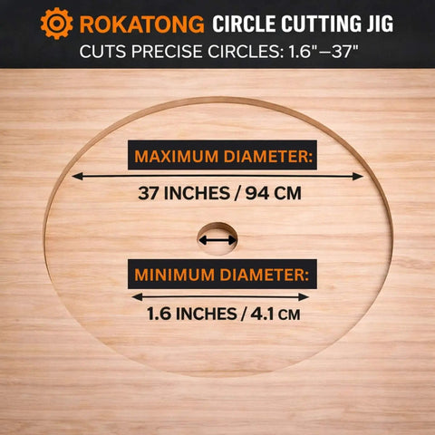 Diagram of the Circle Cutting Jig For Trim Routers, Your Go To Tool For Perfect Circular Cutouts Every Time, Adjustable Radius From 1.6 Inches To 37 Inches, showing maximum and minimum diameter limits on a wooden background.
