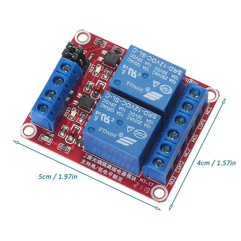 Top view of Two Channel 12V Relay Module With Optocoupler Isolated Trigger, High Or Low Level Control, and specifications layout.