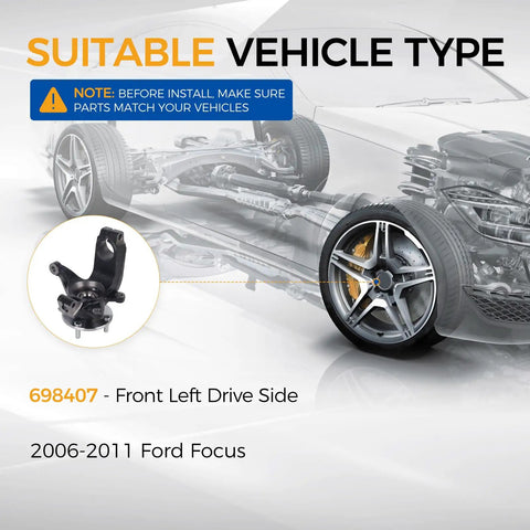 Front Left Steering Knuckle Assembly And Wheel Hub Bearing For Ford Focus 2006 To 2011 Driver Side Direct Replacement.