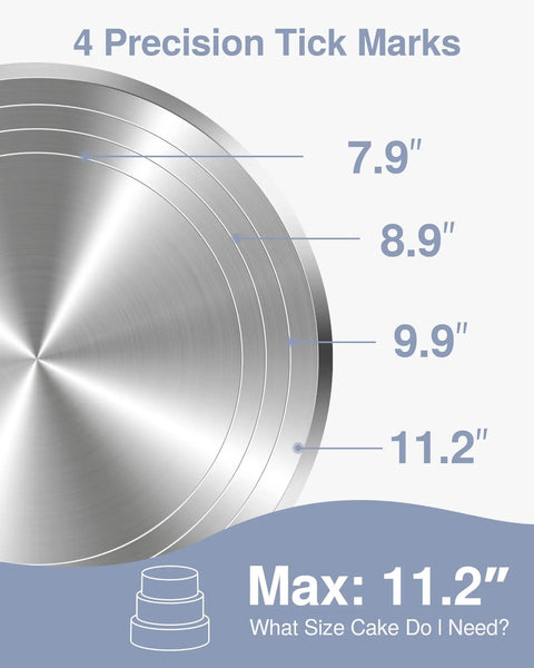 Top view of Heavy Duty Pro Grade 12 Inch Cake Turntable With Aluminum Alloy Stand, showing precision tick marks from 7.9 to 11.2 inches.