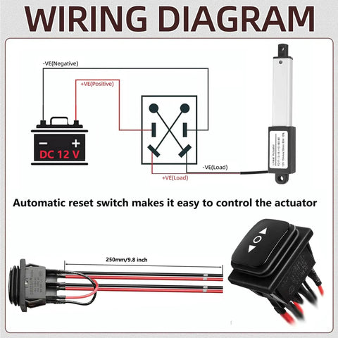 Wiring diagram for Tiny 12V 1.2 Inch Stroke Electric Linear Actuator with switch and connections shown.