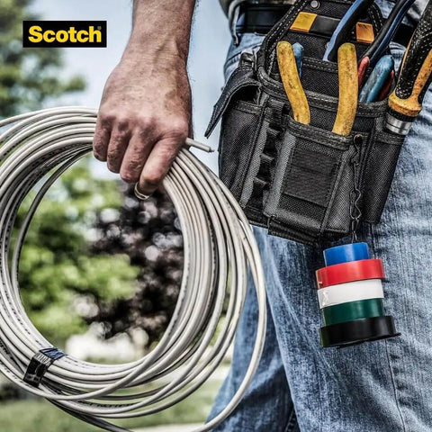 Technician holding cables with Vinyl Electrical Tape 35 5-Roll Multi-Color Pack for Cable Jacket Repair and Electrical Insulation attached to tool belt.
