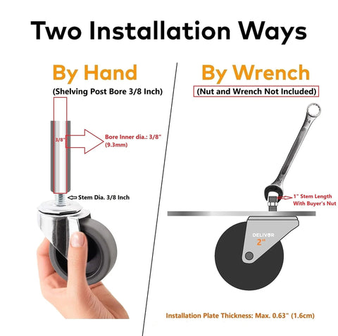 Installation guide for 2 Inch Swivel Caster Wheels Set Of 4 For Desk And Office Chairs With Metal Threaded Stem Three Eighths Inch Sixteen Threaded Stem And One Inch Stem Length Replacement Rubber Casters Deliver 80 Lb Load Capacity Per Caster And Easy Installation.