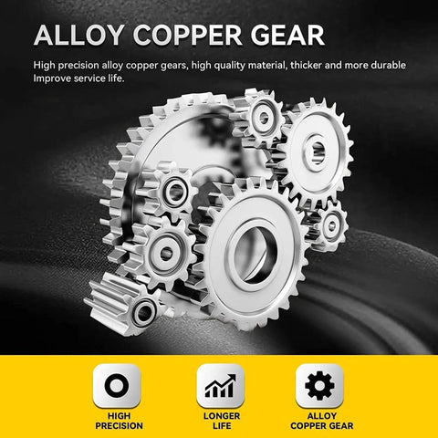 Alloy copper gears with high precision and durability, surrounded by text highlighting benefits like longer life and quality material.