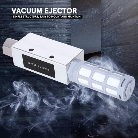 CV25HS pneumatic vacuum generator, compact venturi pump; silver metal body with gray end.