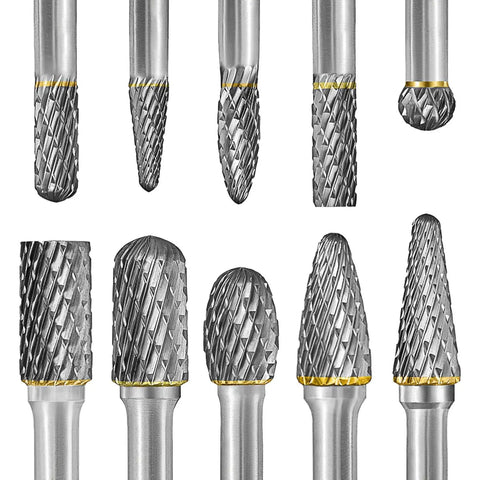 Tungsten Carbide Burr Set With One Quarter Inch Shank Ten Piece Double Cut Rotary Burrs For Die Grinder Built To Last Heavy Duty Bits