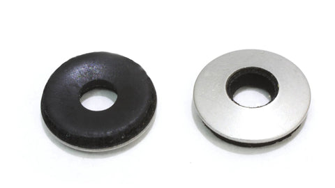 Bolt Dropper #10 1/2 in OD stainless steel EPDM washers; left black neoprene-bonded sealing washer, right silver metal washer.