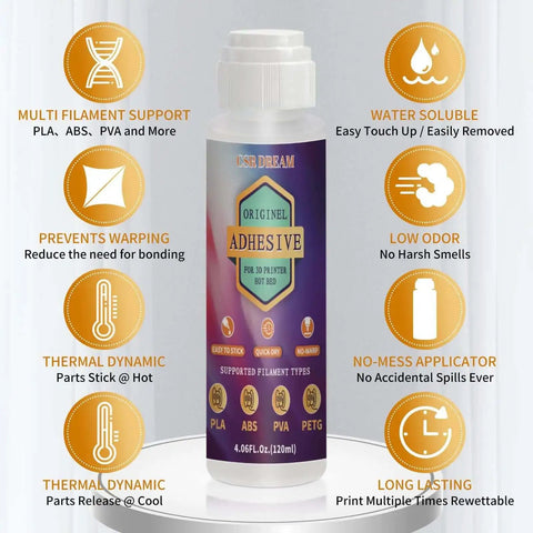 Heavy Duty 3D Printer Adhesive Glue For Hot Bed Bonding With Strong Grip And Minimal Warping, 120ml bottle with feature icons